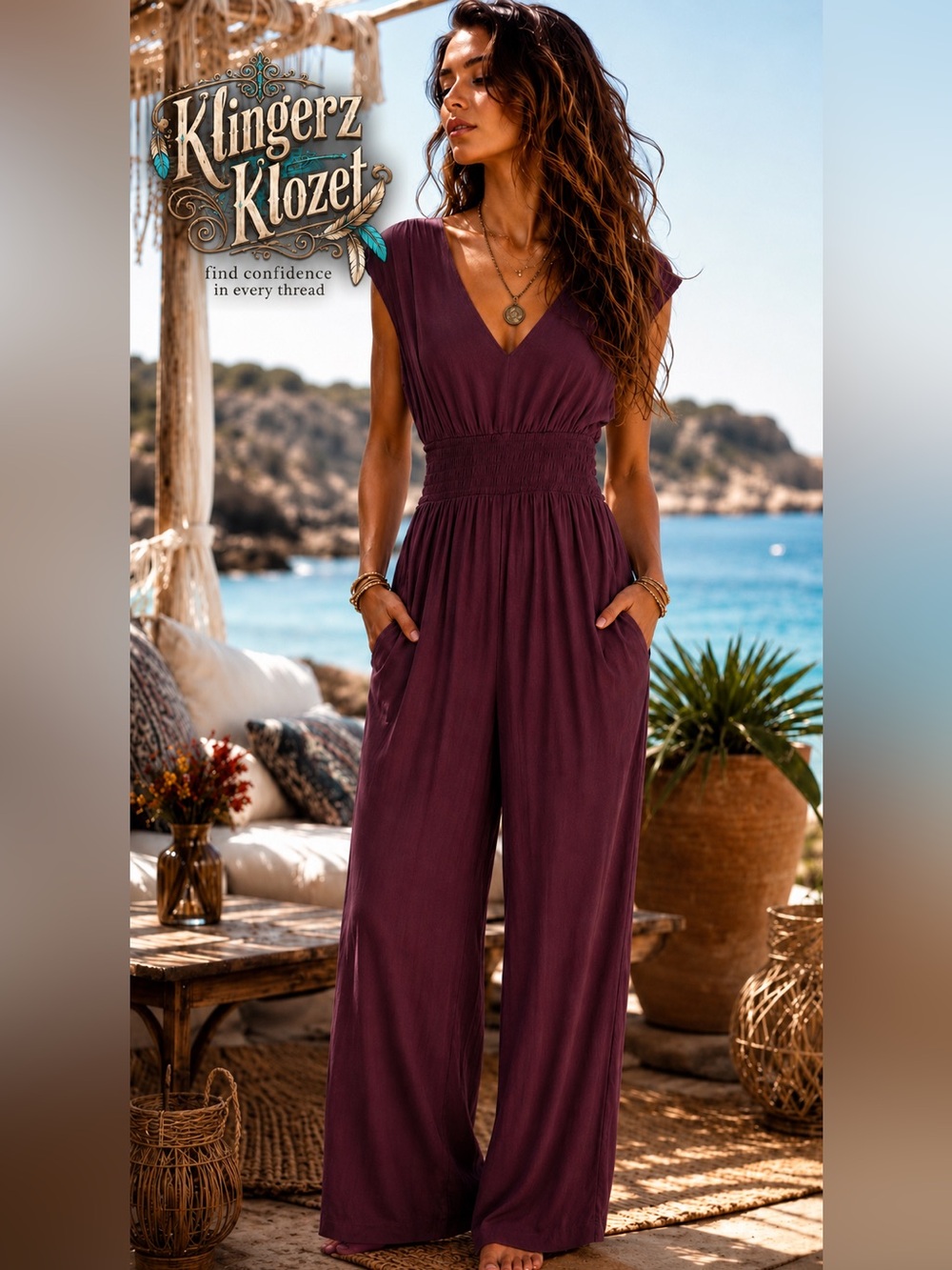 Women's burgundy V-Neck Wide-Leg Jumpsuit NWT